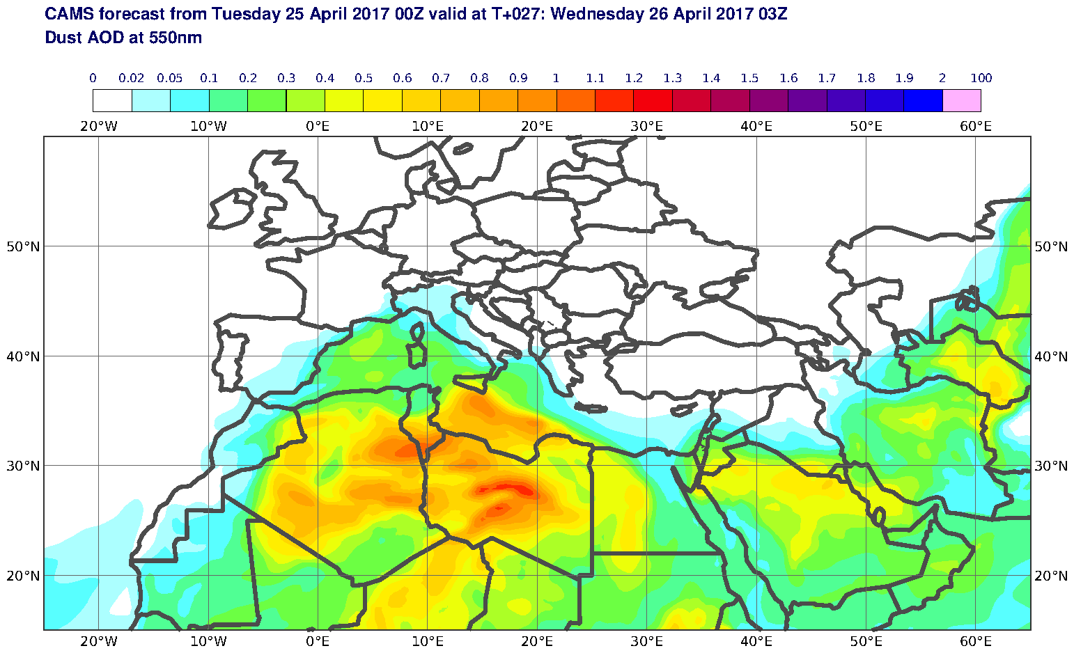 Dust AOD at 550nm valid at T27 - 2017-04-26 03:00