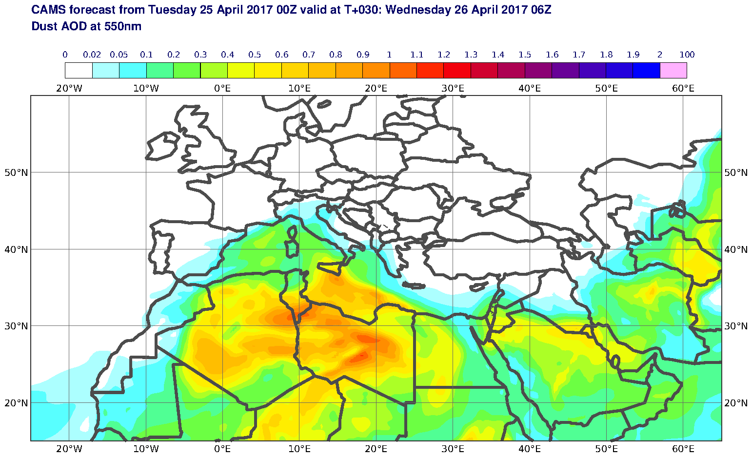 Dust AOD at 550nm valid at T30 - 2017-04-26 06:00