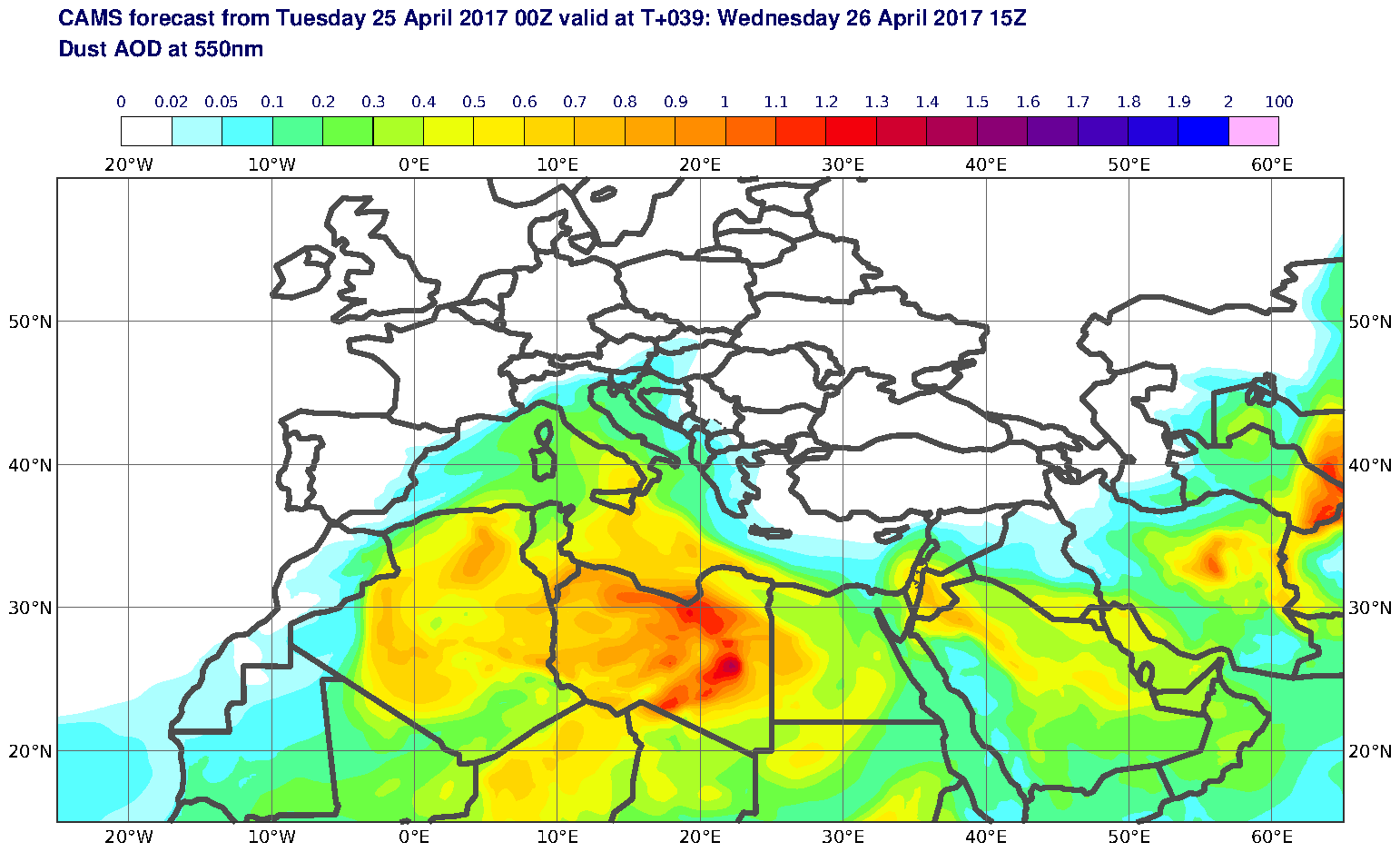 Dust AOD at 550nm valid at T39 - 2017-04-26 15:00