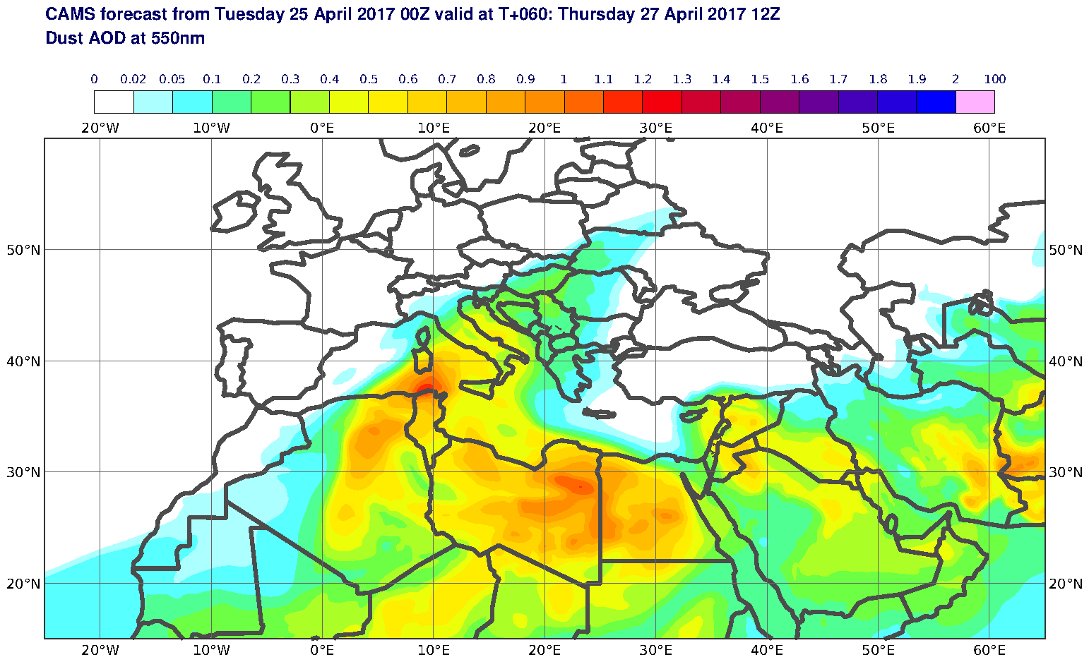 Dust AOD at 550nm valid at T60 - 2017-04-27 12:00