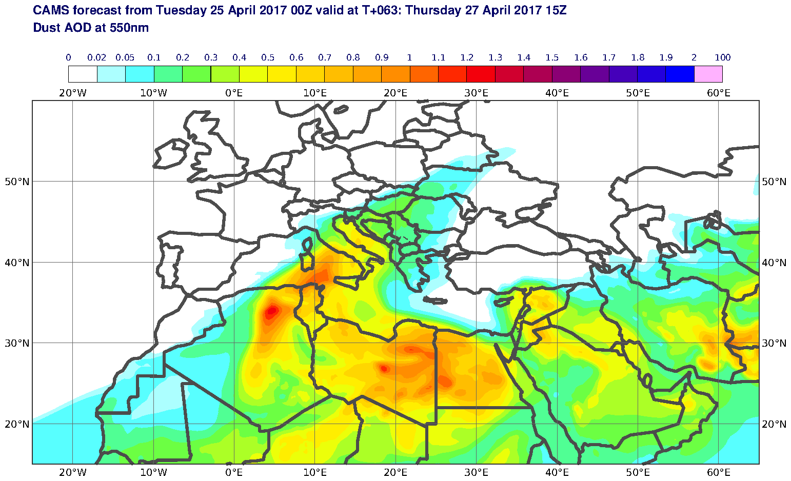 Dust AOD at 550nm valid at T63 - 2017-04-27 15:00