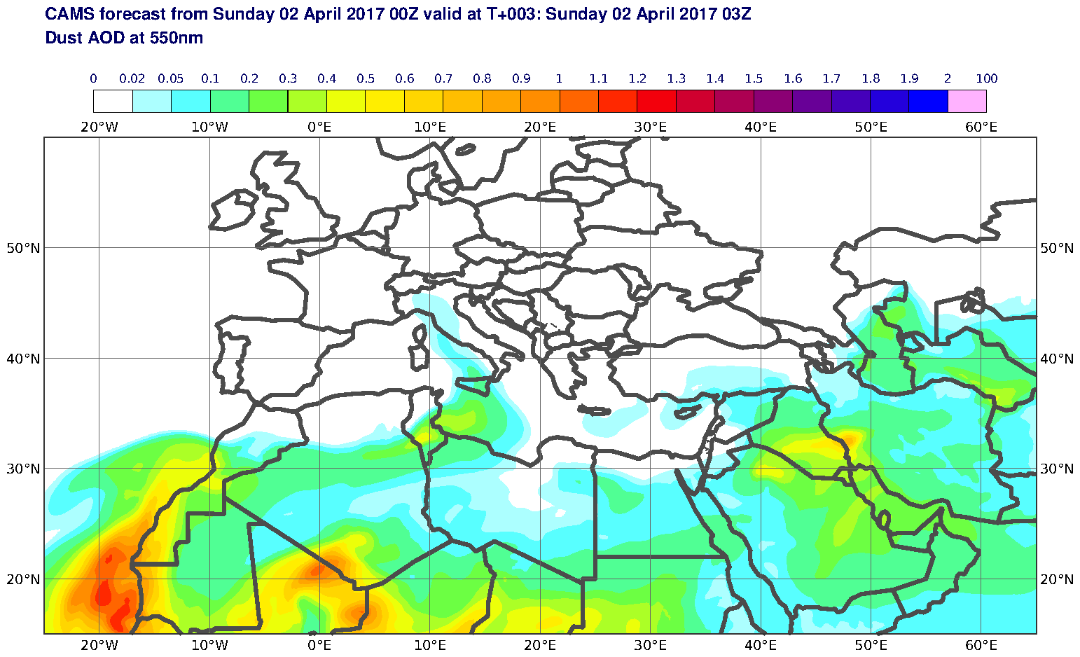 Dust AOD at 550nm valid at T3 - 2017-04-02 03:00