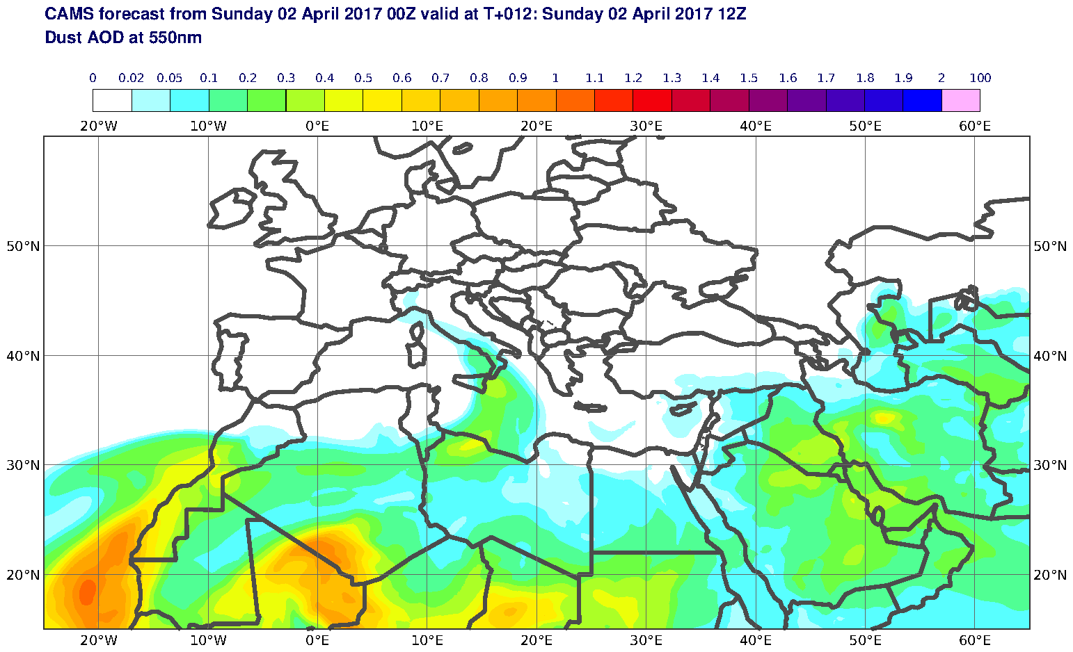 Dust AOD at 550nm valid at T12 - 2017-04-02 12:00
