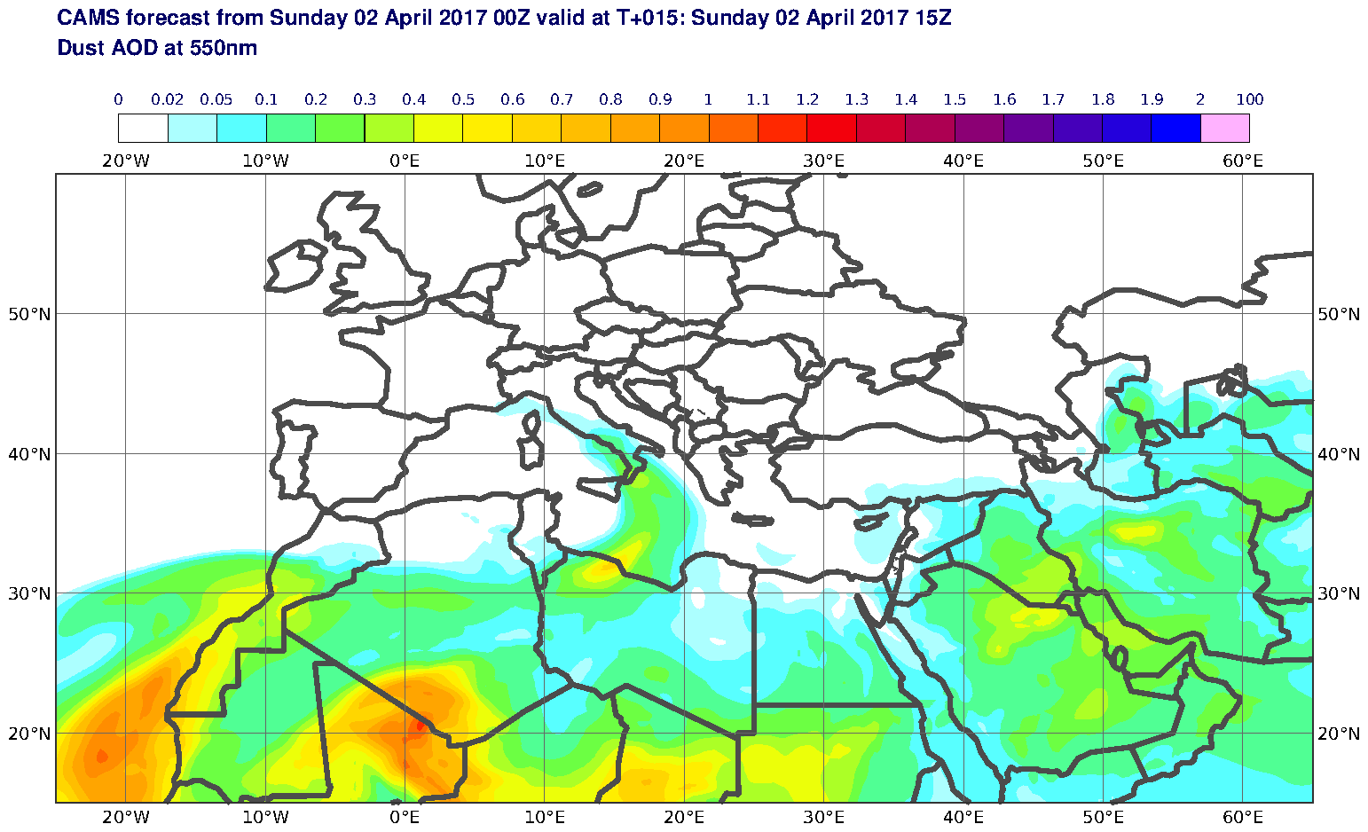 Dust AOD at 550nm valid at T15 - 2017-04-02 15:00