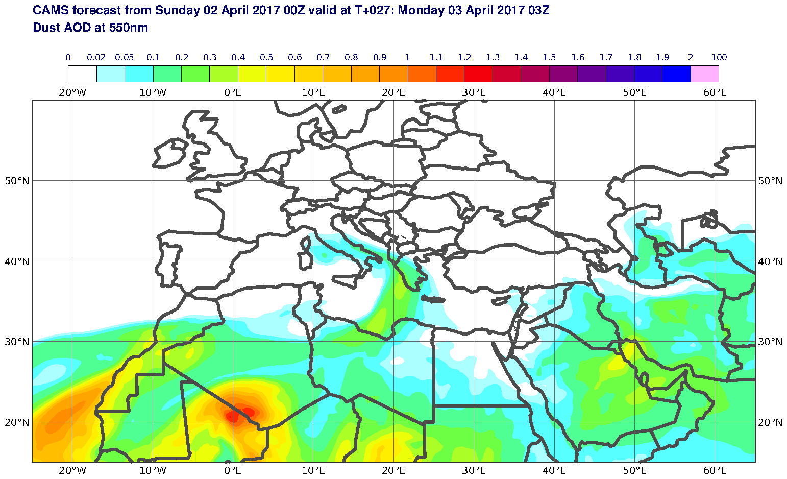 Dust AOD at 550nm valid at T27 - 2017-04-03 03:00