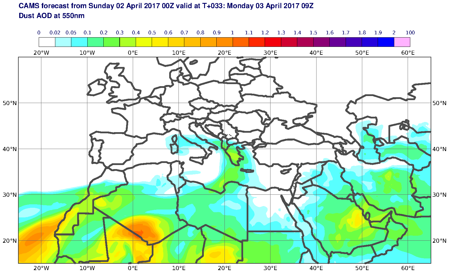Dust AOD at 550nm valid at T33 - 2017-04-03 09:00