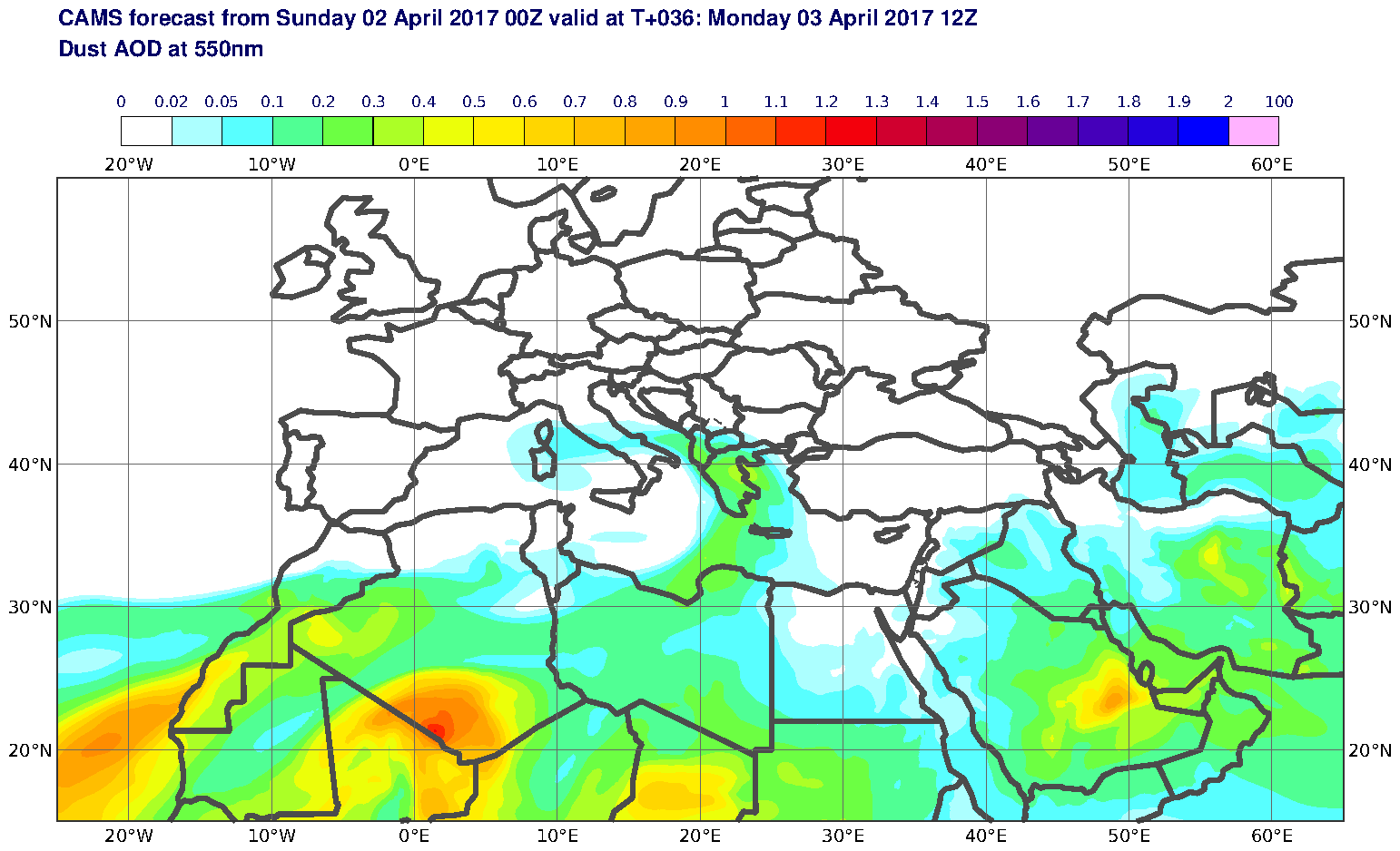 Dust AOD at 550nm valid at T36 - 2017-04-03 12:00