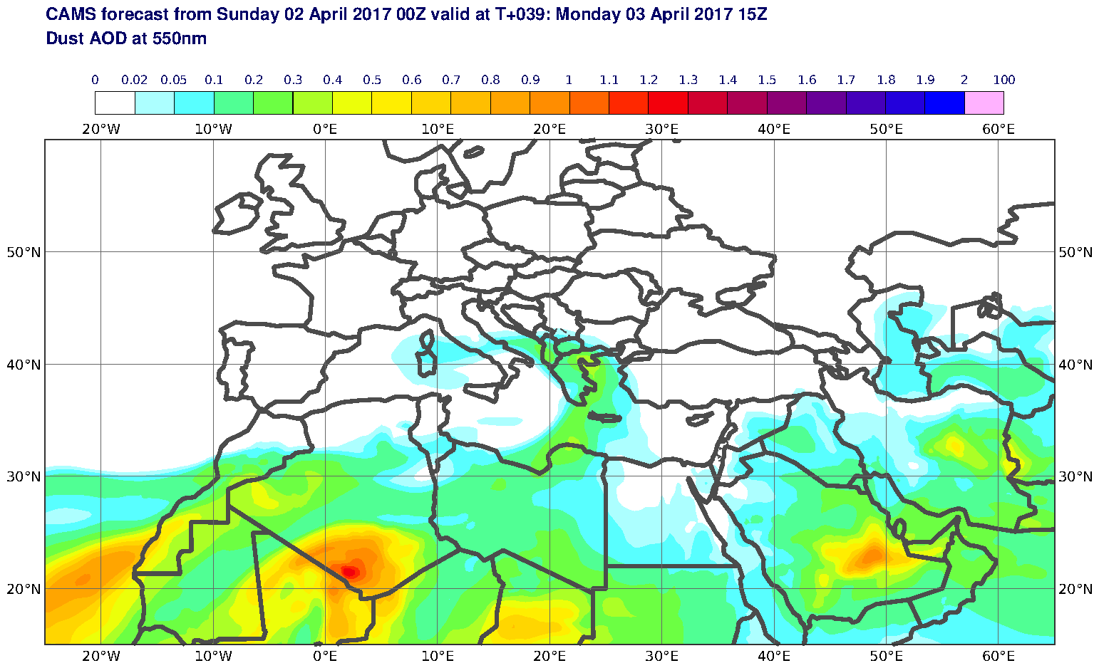 Dust AOD at 550nm valid at T39 - 2017-04-03 15:00