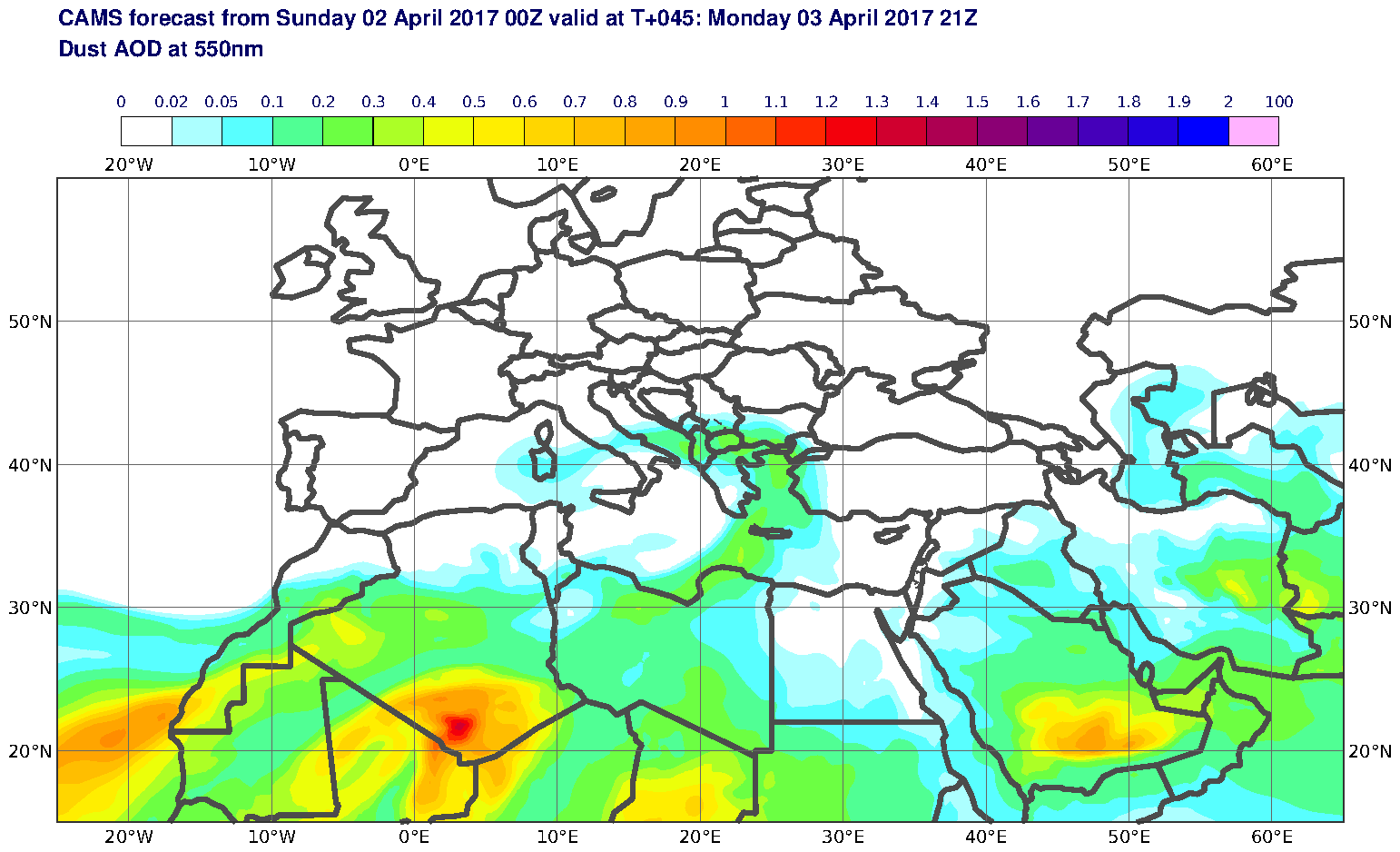 Dust AOD at 550nm valid at T45 - 2017-04-03 21:00