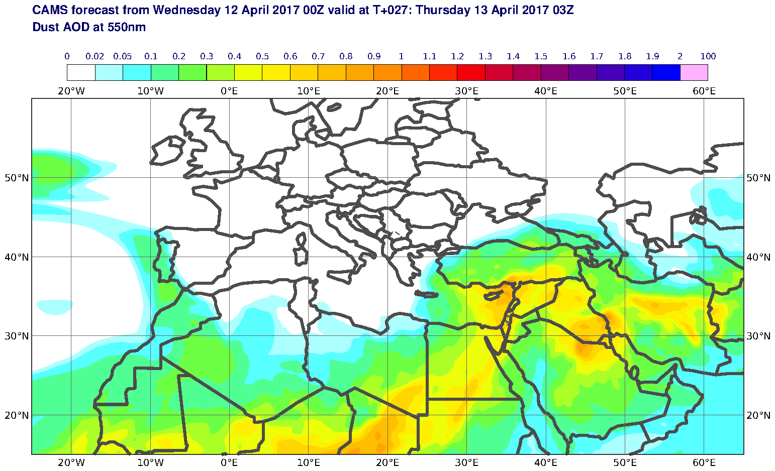 Dust AOD at 550nm valid at T27 - 2017-04-13 03:00