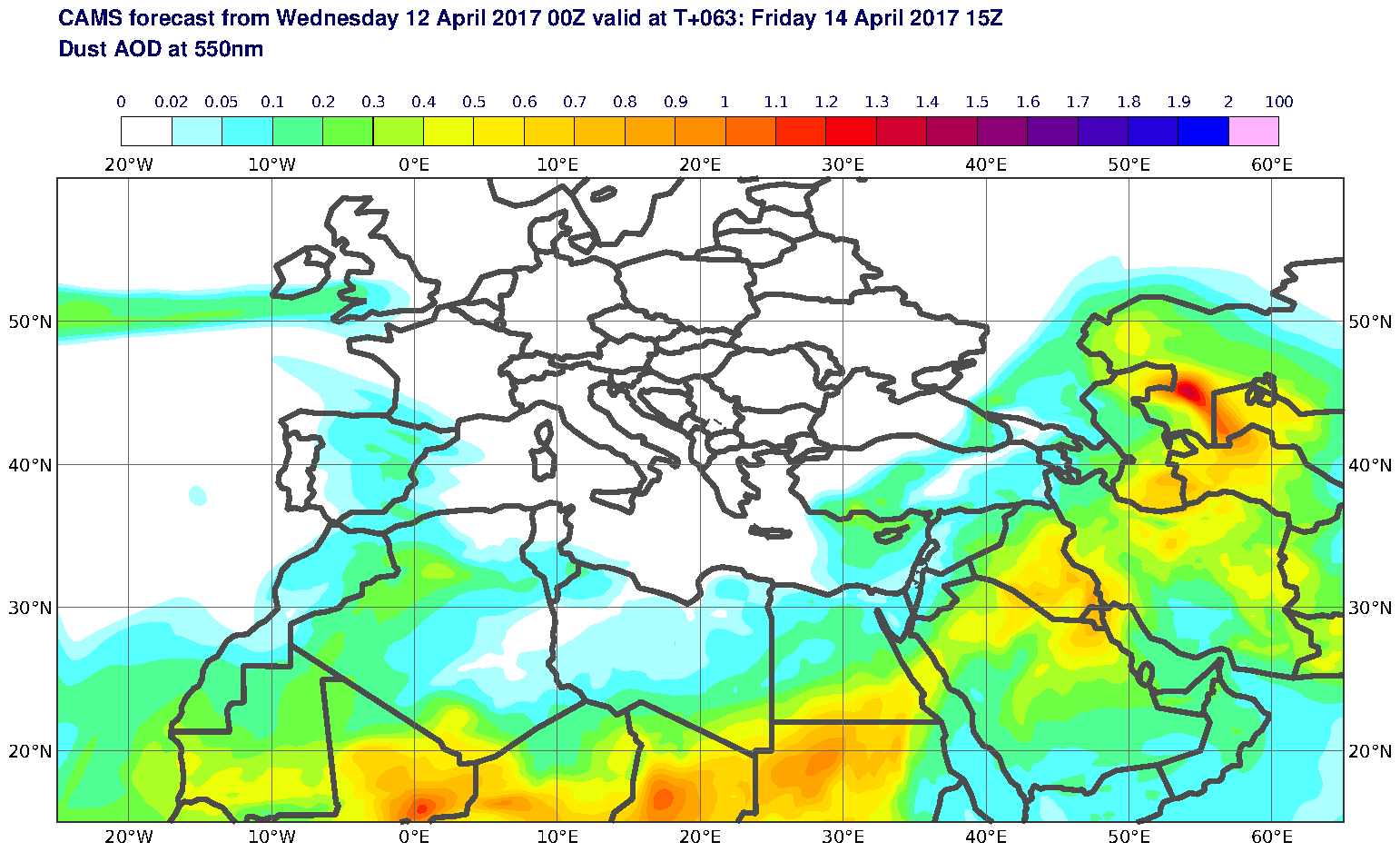 Dust AOD at 550nm valid at T63 - 2017-04-14 15:00