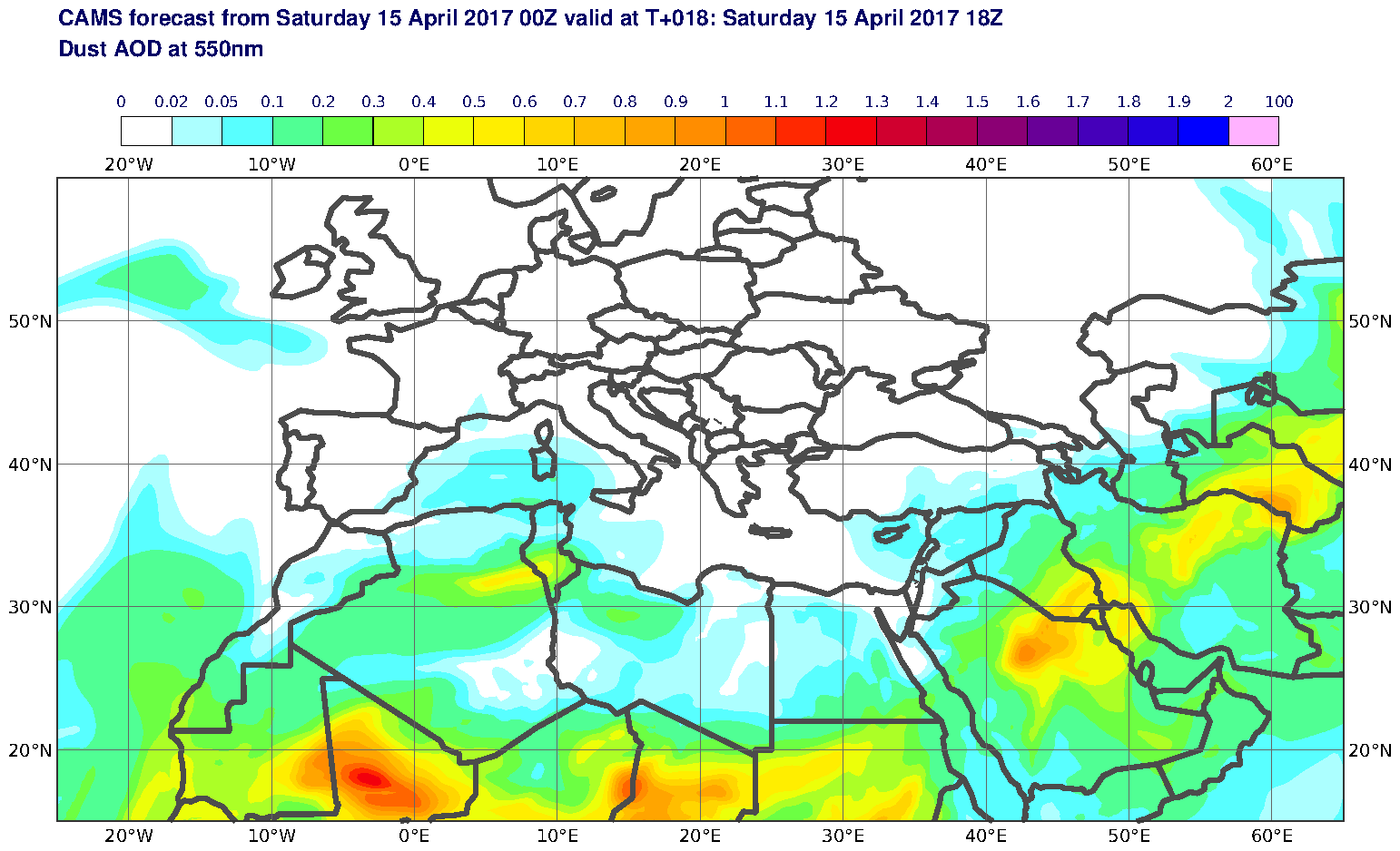 Dust AOD at 550nm valid at T18 - 2017-04-15 18:00