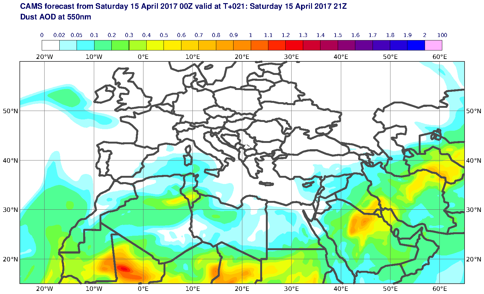 Dust AOD at 550nm valid at T21 - 2017-04-15 21:00