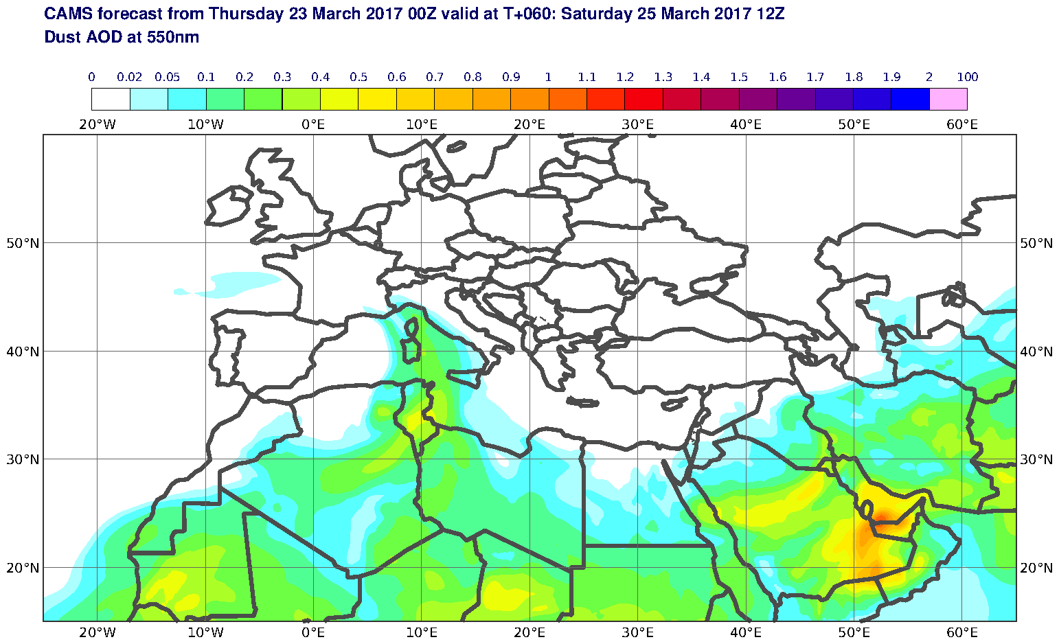 Dust AOD at 550nm valid at T60 - 2017-03-25 12:00