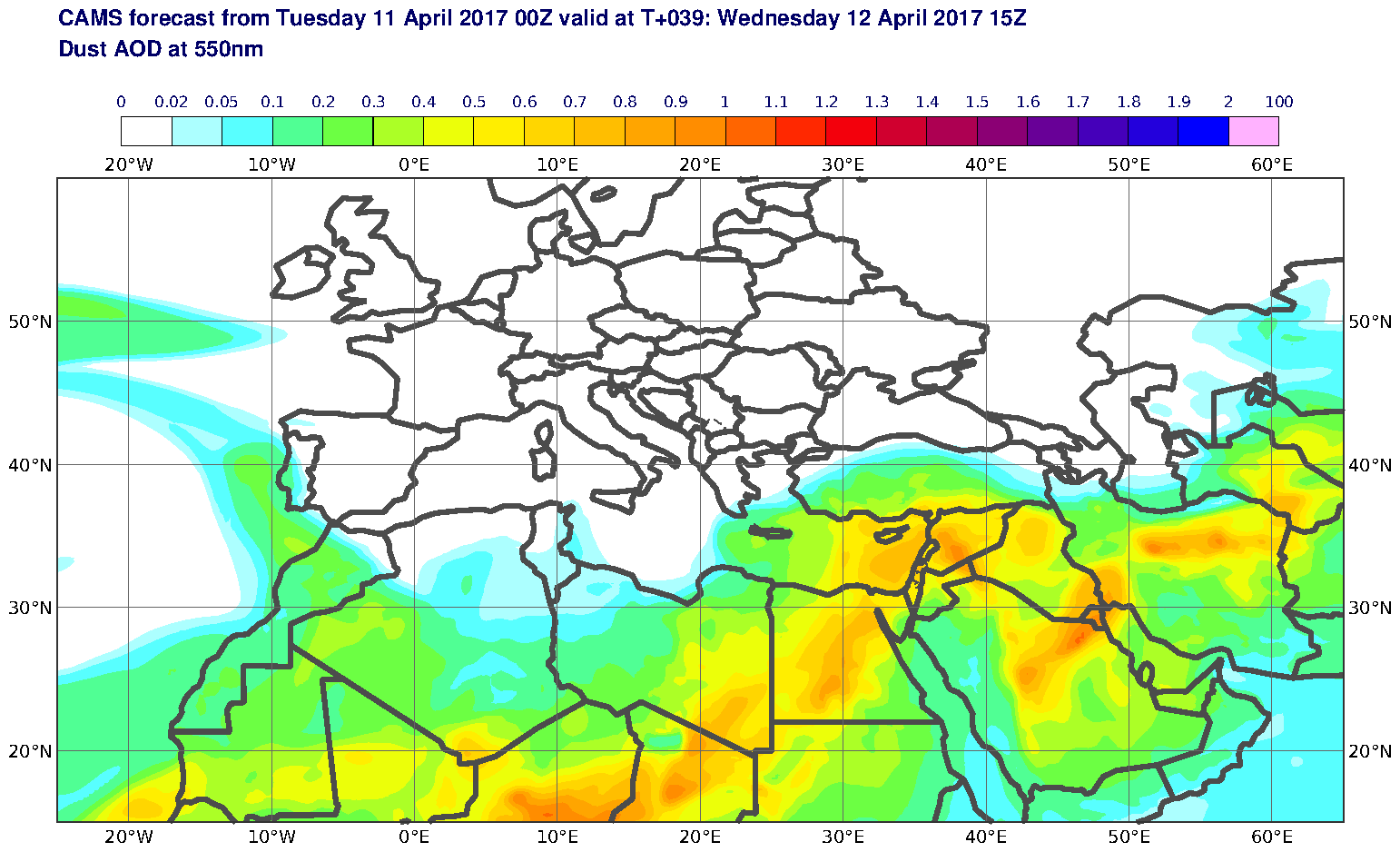 Dust AOD at 550nm valid at T39 - 2017-04-12 15:00
