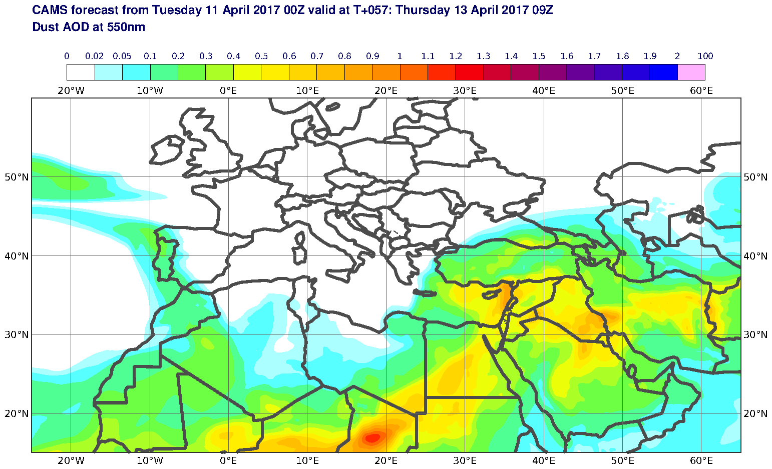 Dust AOD at 550nm valid at T57 - 2017-04-13 09:00