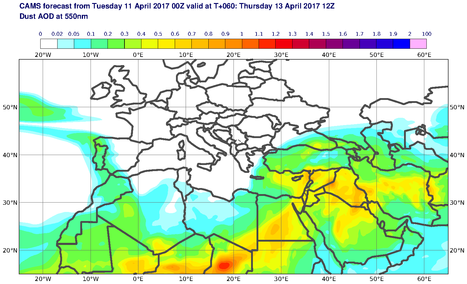 Dust AOD at 550nm valid at T60 - 2017-04-13 12:00