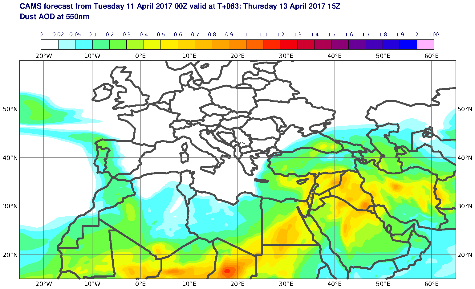 Dust AOD at 550nm valid at T63 - 2017-04-13 15:00