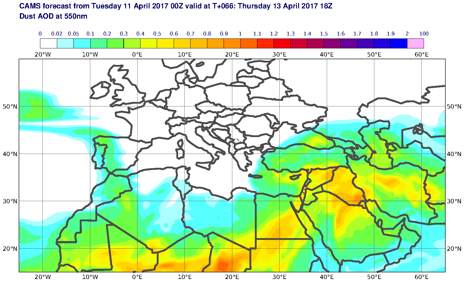 Dust AOD at 550nm valid at T66 - 2017-04-13 18:00