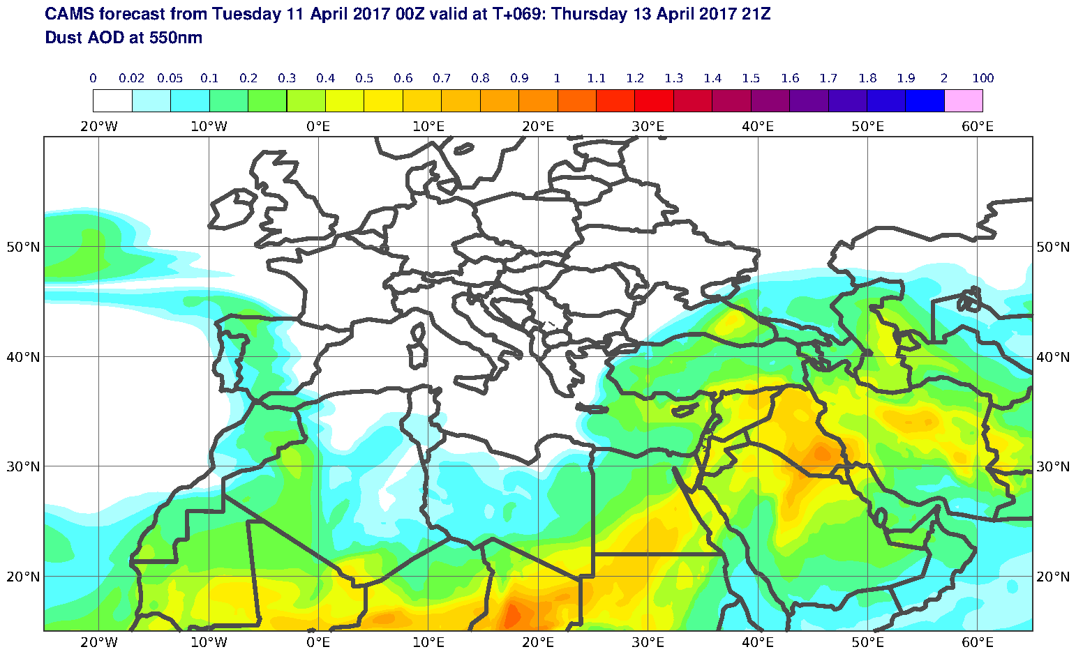 Dust AOD at 550nm valid at T69 - 2017-04-13 21:00