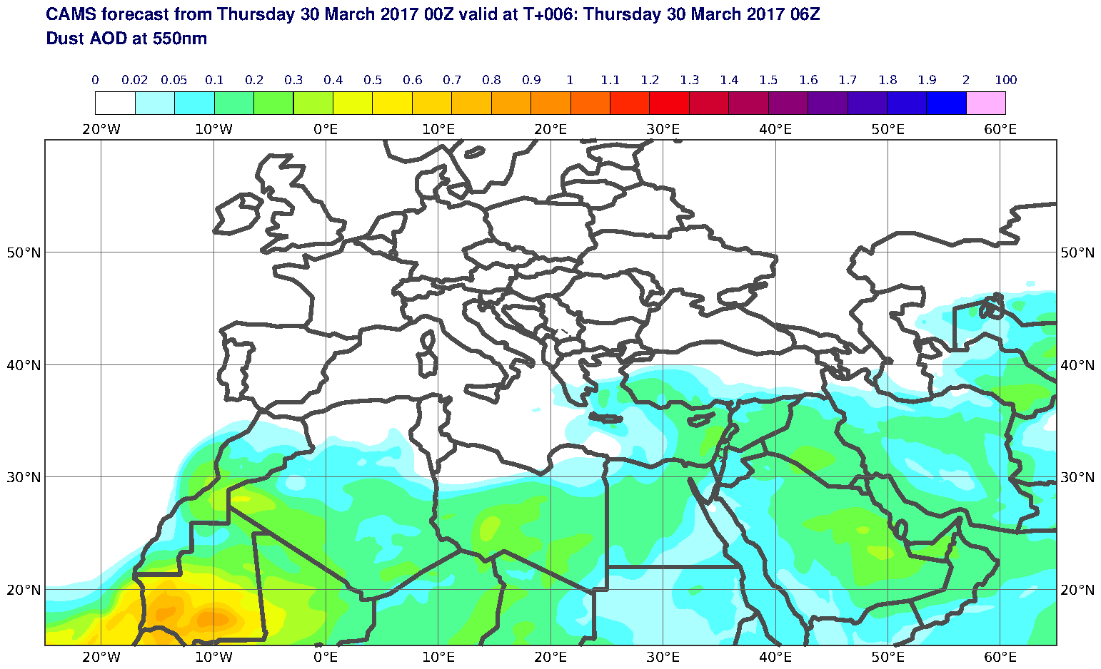 Dust AOD at 550nm valid at T6 - 2017-03-30 06:00