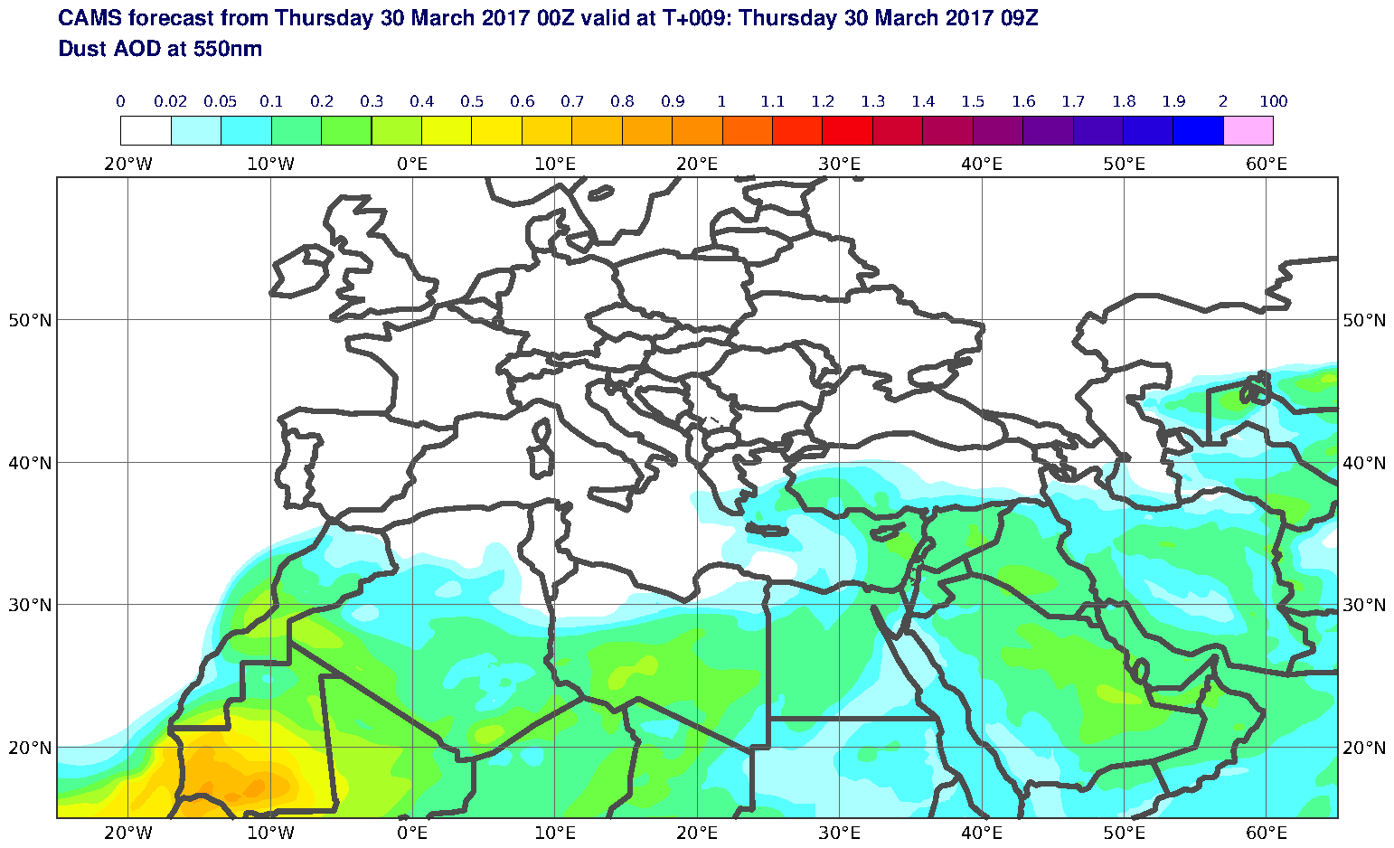 Dust AOD at 550nm valid at T9 - 2017-03-30 09:00