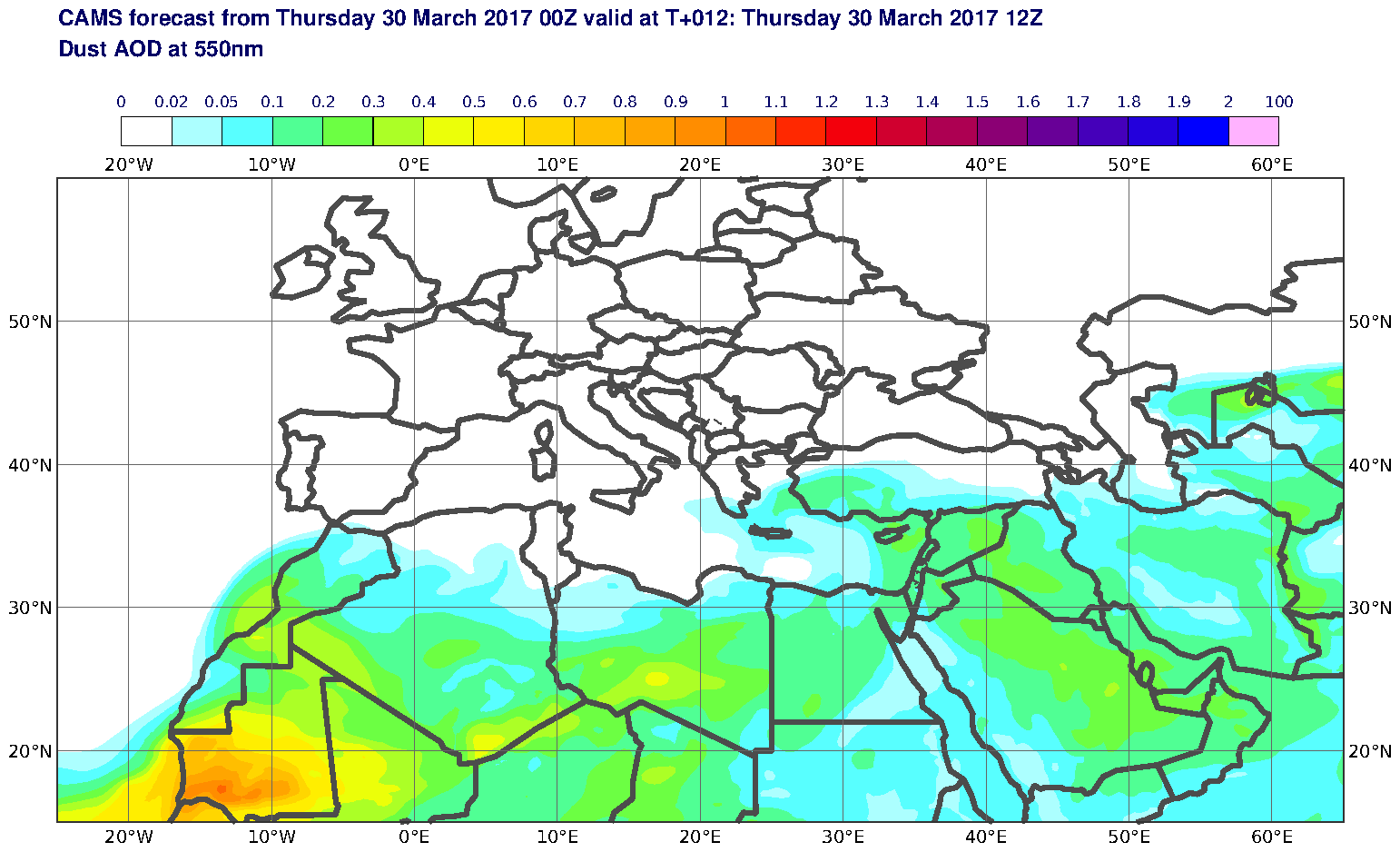 Dust AOD at 550nm valid at T12 - 2017-03-30 12:00