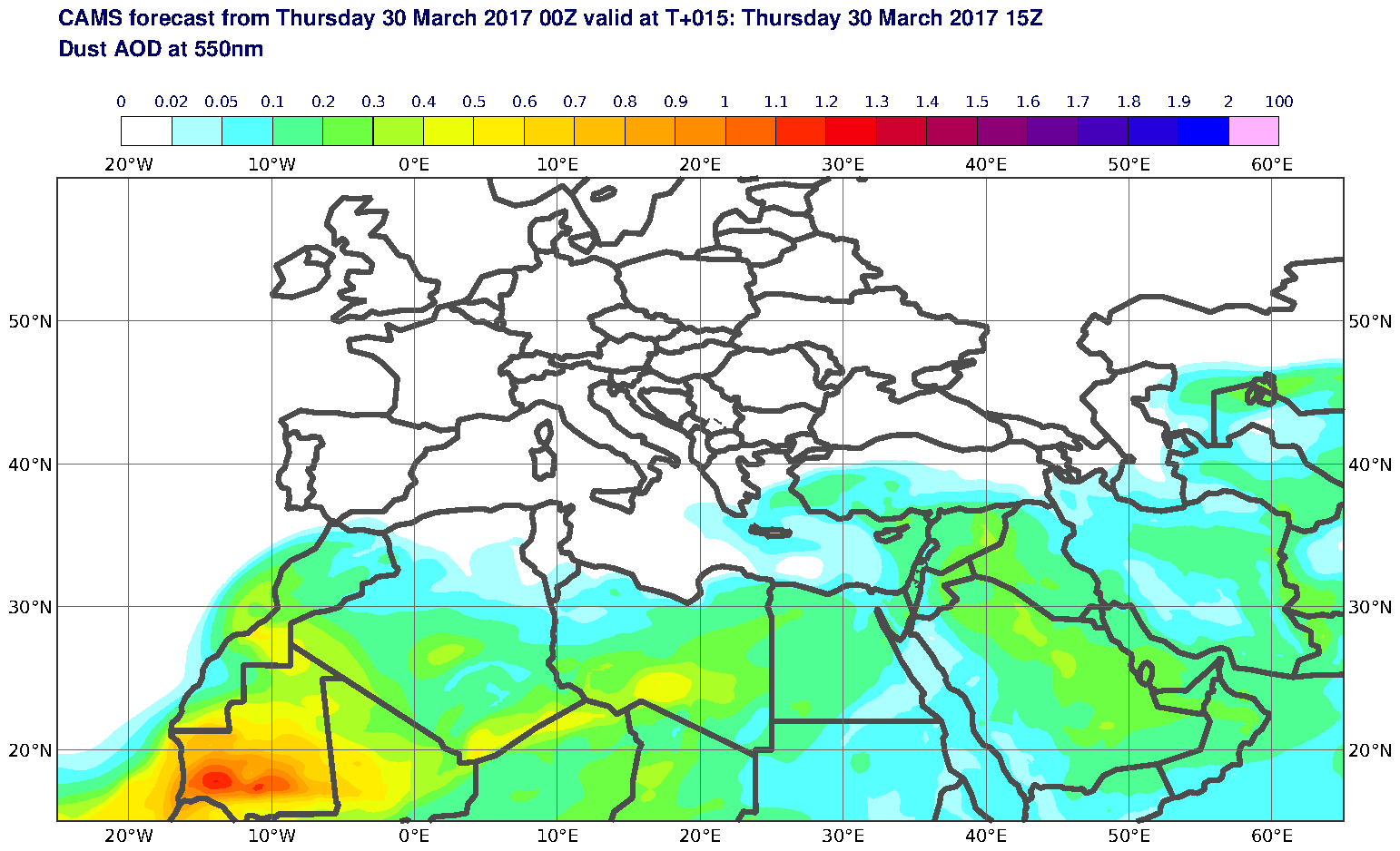 Dust AOD at 550nm valid at T15 - 2017-03-30 15:00