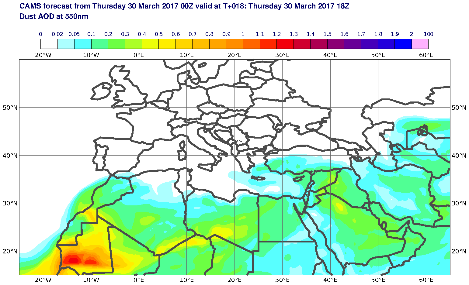 Dust AOD at 550nm valid at T18 - 2017-03-30 18:00