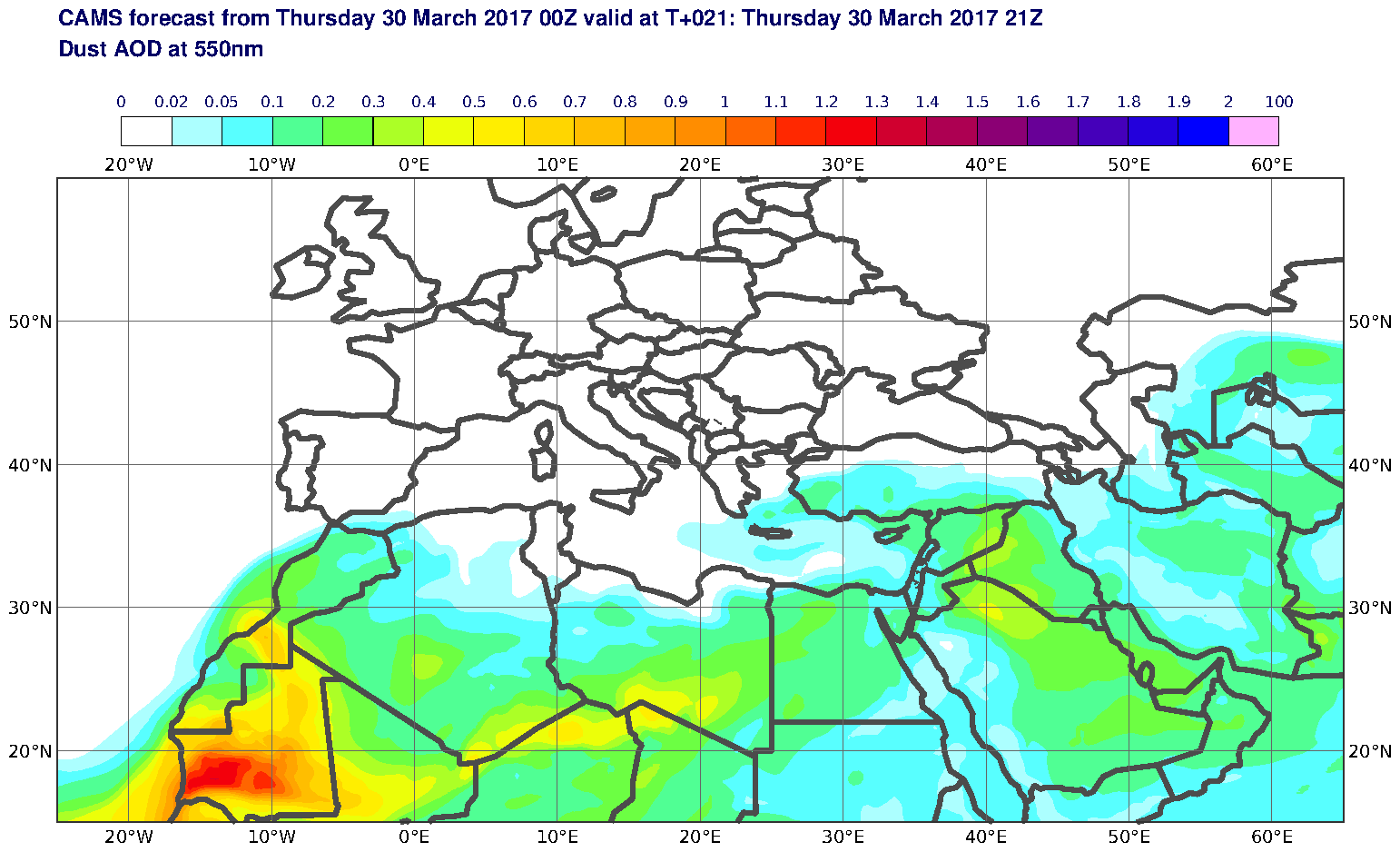 Dust AOD at 550nm valid at T21 - 2017-03-30 21:00