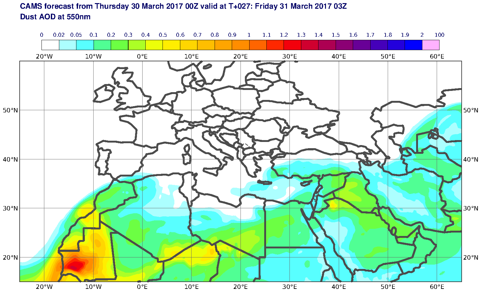 Dust AOD at 550nm valid at T27 - 2017-03-31 03:00