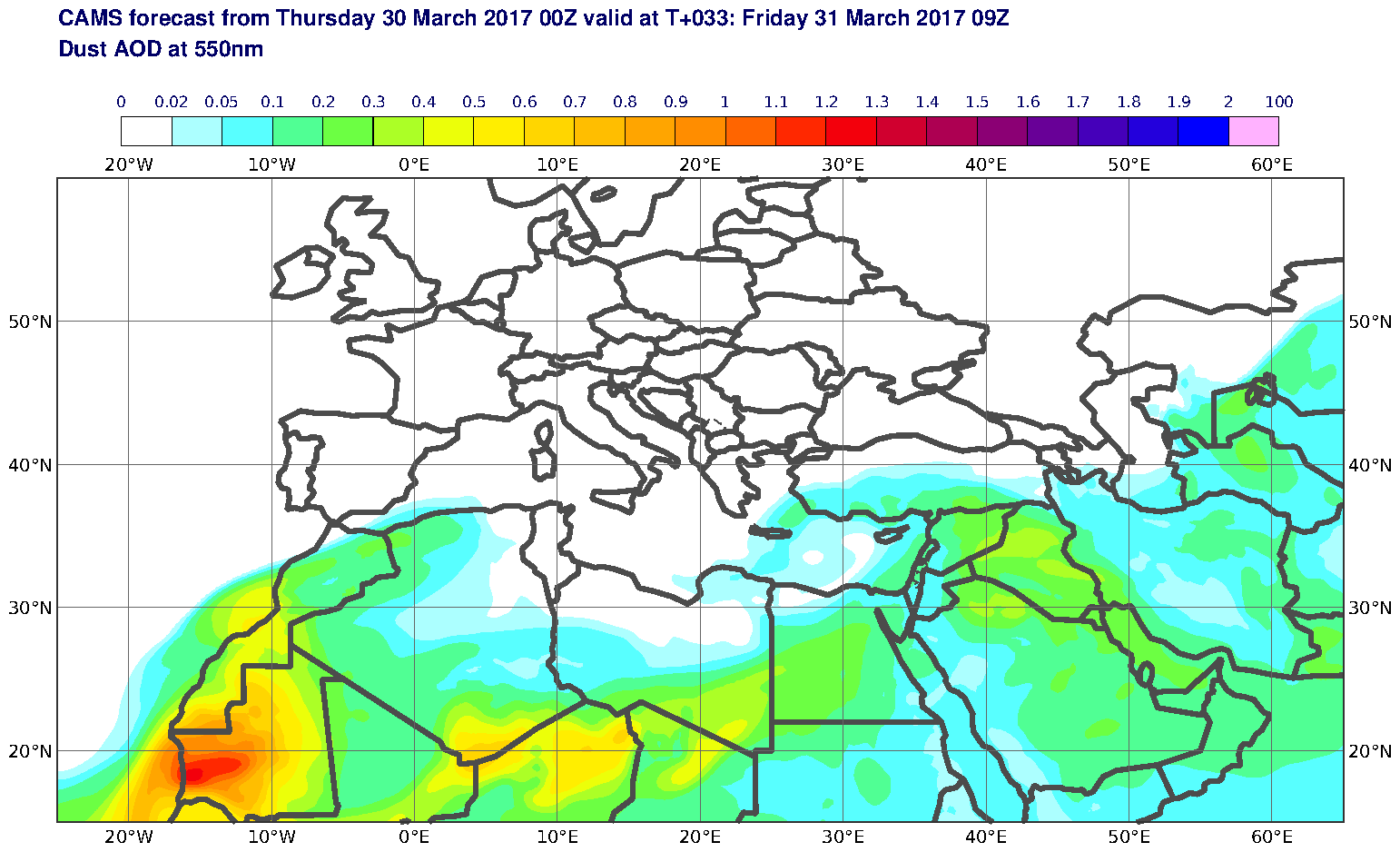 Dust AOD at 550nm valid at T33 - 2017-03-31 09:00