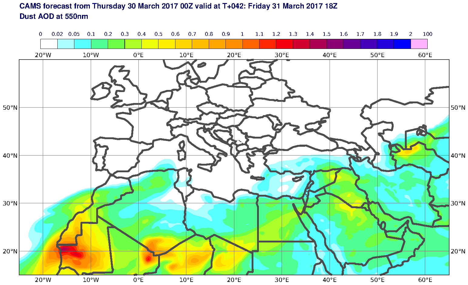 Dust AOD at 550nm valid at T42 - 2017-03-31 18:00