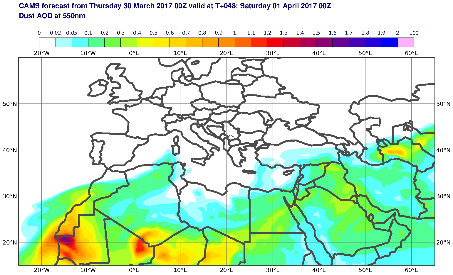 Dust AOD at 550nm valid at T48 - 2017-04-01 00:00