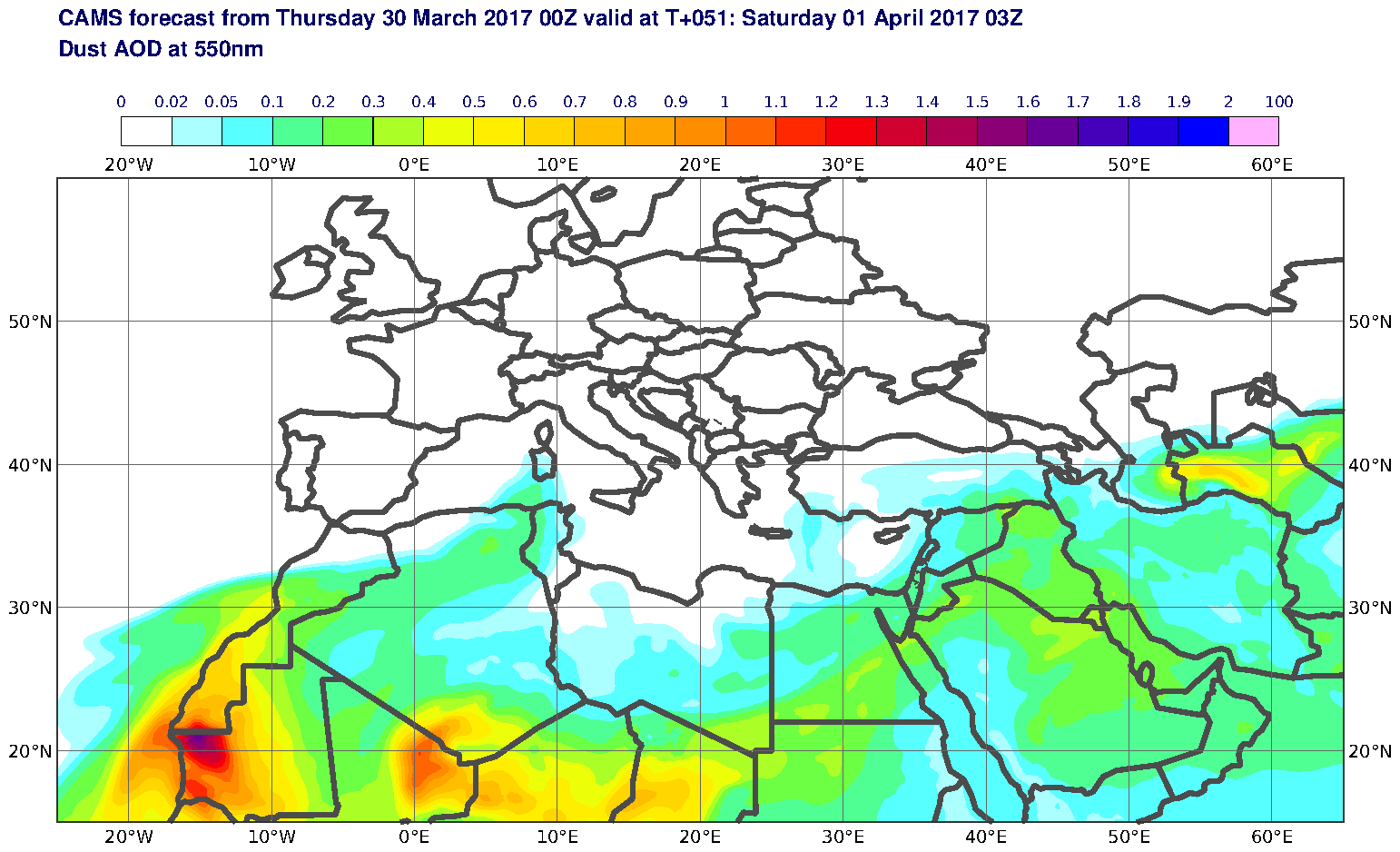 Dust AOD at 550nm valid at T51 - 2017-04-01 03:00