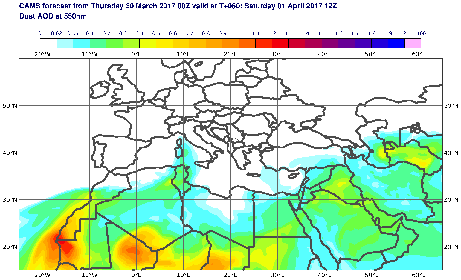 Dust AOD at 550nm valid at T60 - 2017-04-01 12:00