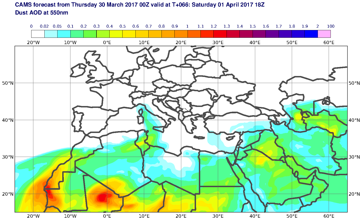 Dust AOD at 550nm valid at T66 - 2017-04-01 18:00