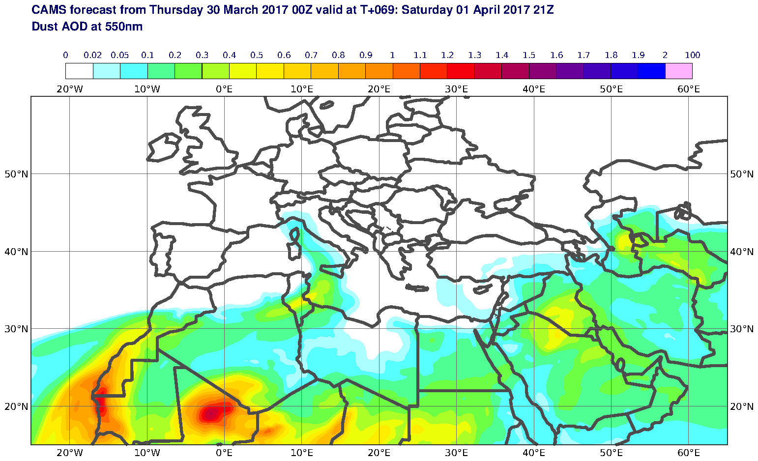 Dust AOD at 550nm valid at T69 - 2017-04-01 21:00