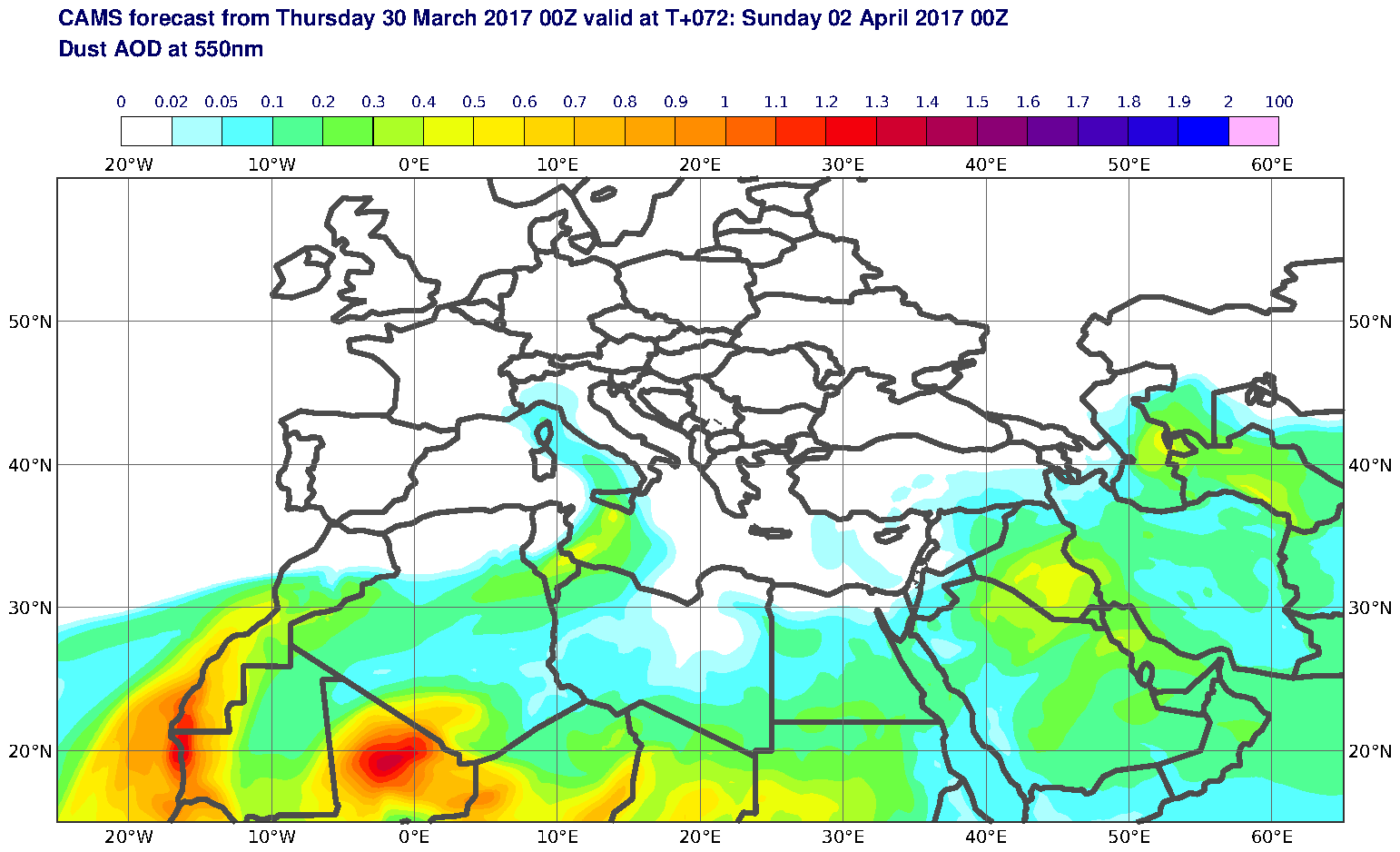 Dust AOD at 550nm valid at T72 - 2017-04-02 00:00