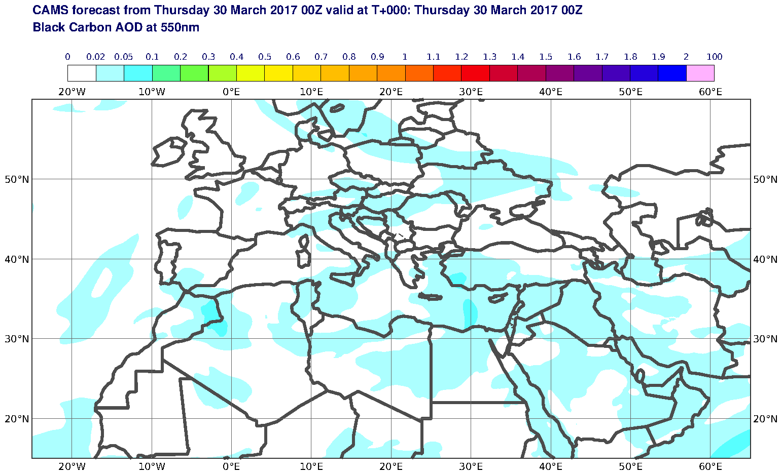 Black Carbon AOD at 550nm valid at T0 - 2017-03-30 00:00