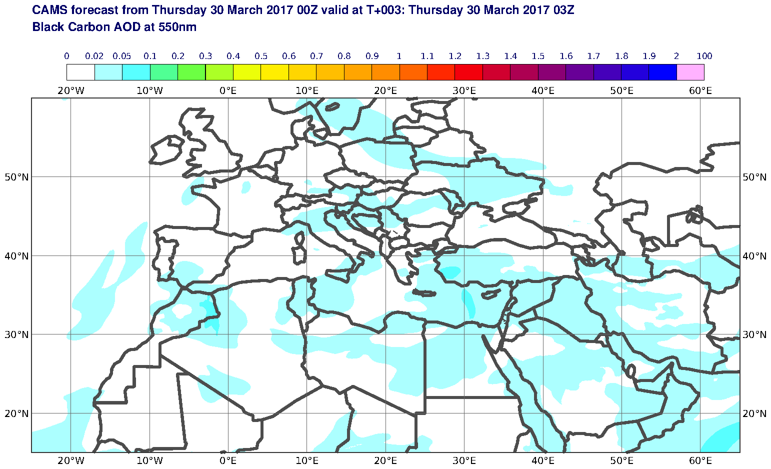 Black Carbon AOD at 550nm valid at T3 - 2017-03-30 03:00