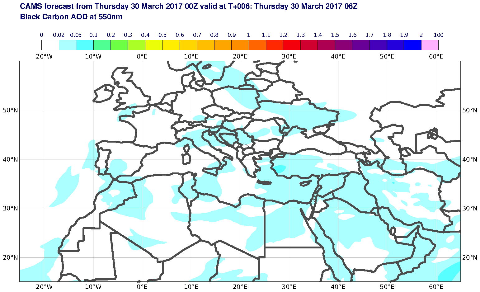 Black Carbon AOD at 550nm valid at T6 - 2017-03-30 06:00