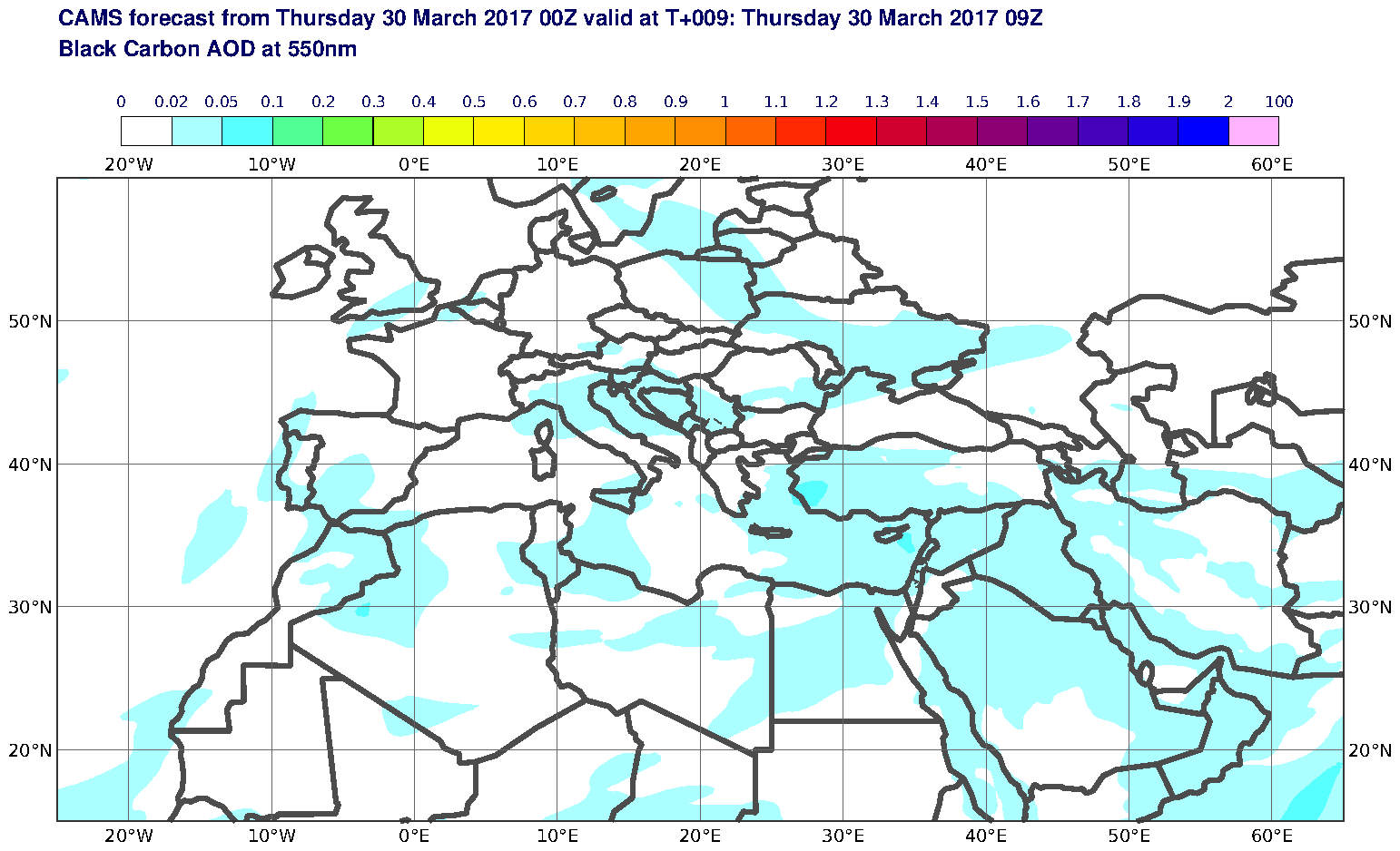 Black Carbon AOD at 550nm valid at T9 - 2017-03-30 09:00
