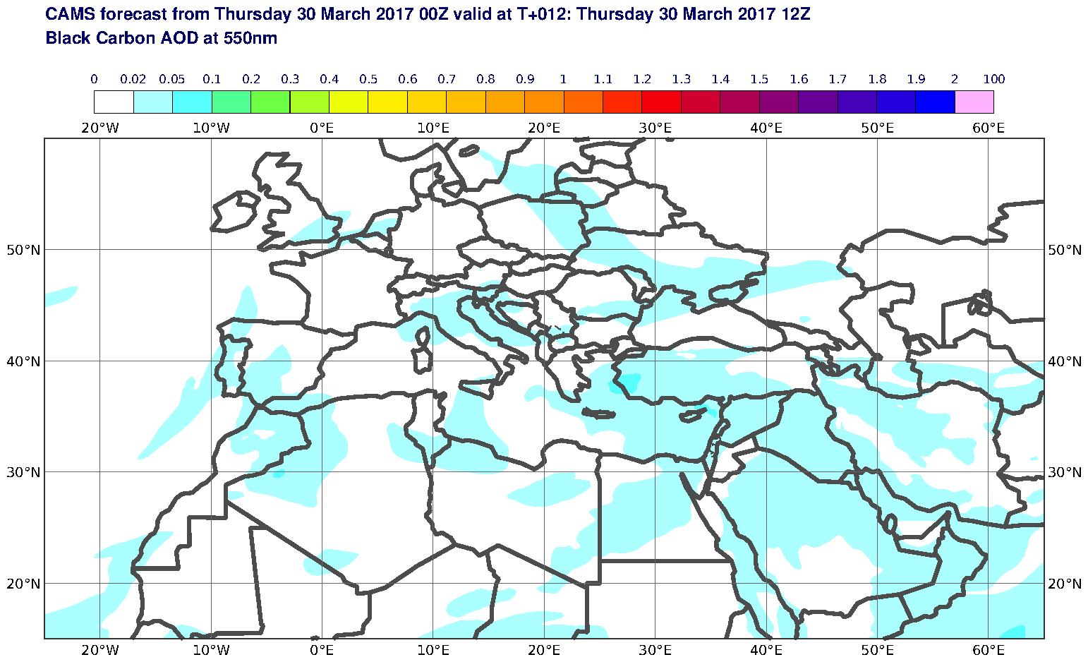 Black Carbon AOD at 550nm valid at T12 - 2017-03-30 12:00