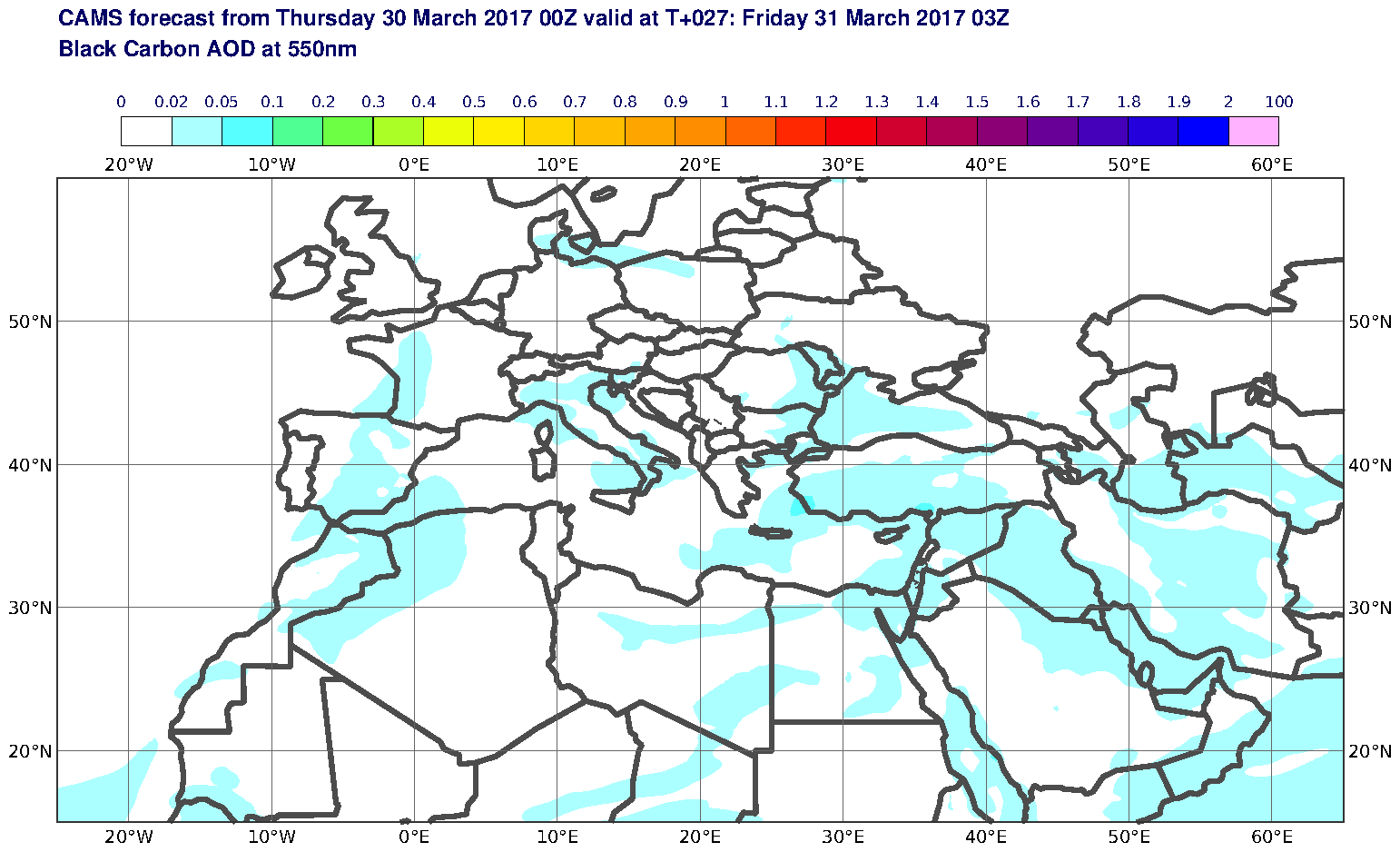 Black Carbon AOD at 550nm valid at T27 - 2017-03-31 03:00