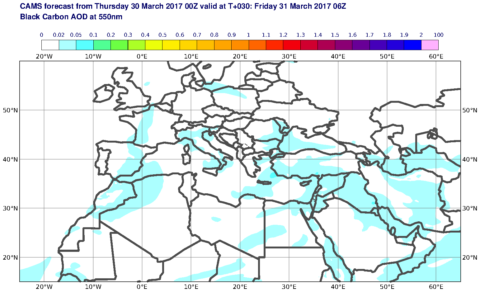 Black Carbon AOD at 550nm valid at T30 - 2017-03-31 06:00