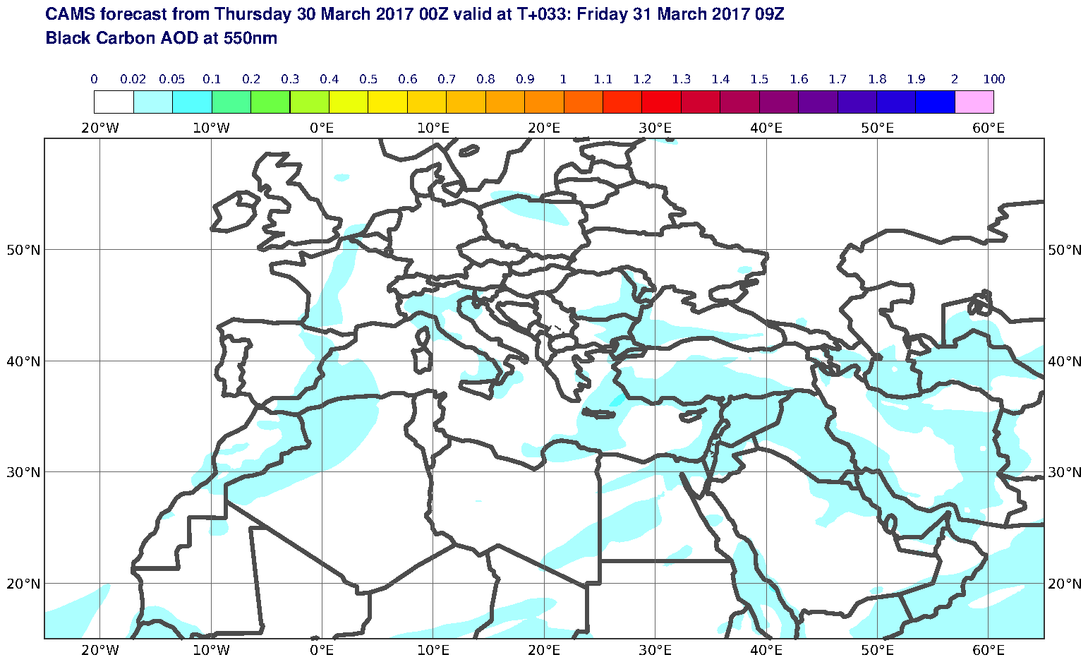 Black Carbon AOD at 550nm valid at T33 - 2017-03-31 09:00