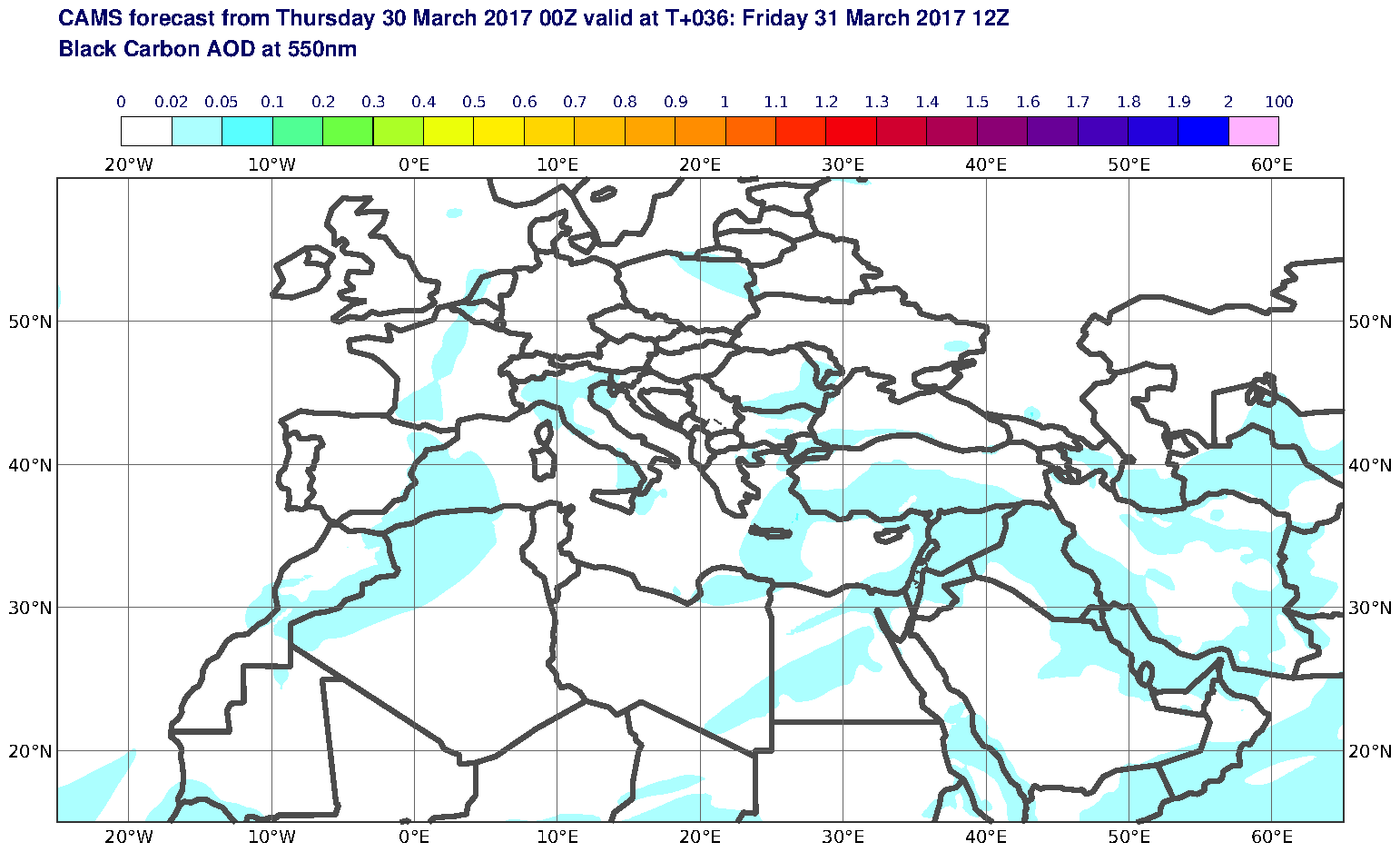 Black Carbon AOD at 550nm valid at T36 - 2017-03-31 12:00