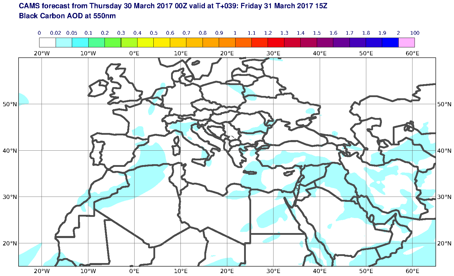 Black Carbon AOD at 550nm valid at T39 - 2017-03-31 15:00