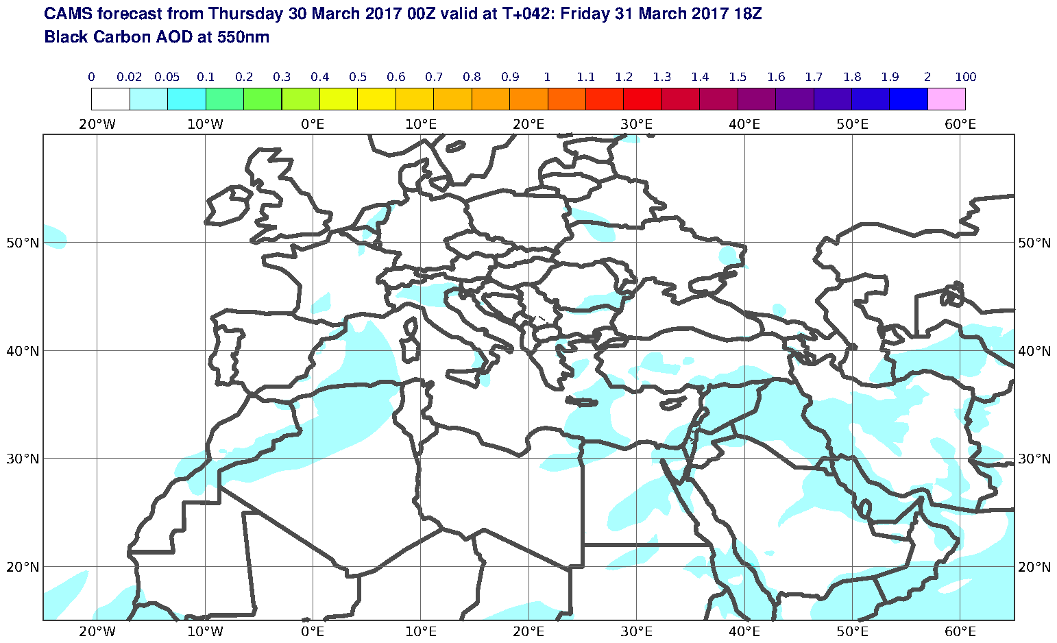 Black Carbon AOD at 550nm valid at T42 - 2017-03-31 18:00